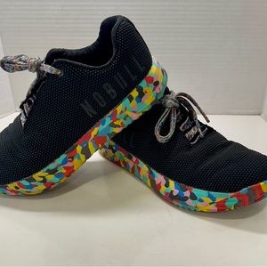 NoBull training athletic shoes. Women’s 8, Men’s 6.5. Black shoe, rainbow sole